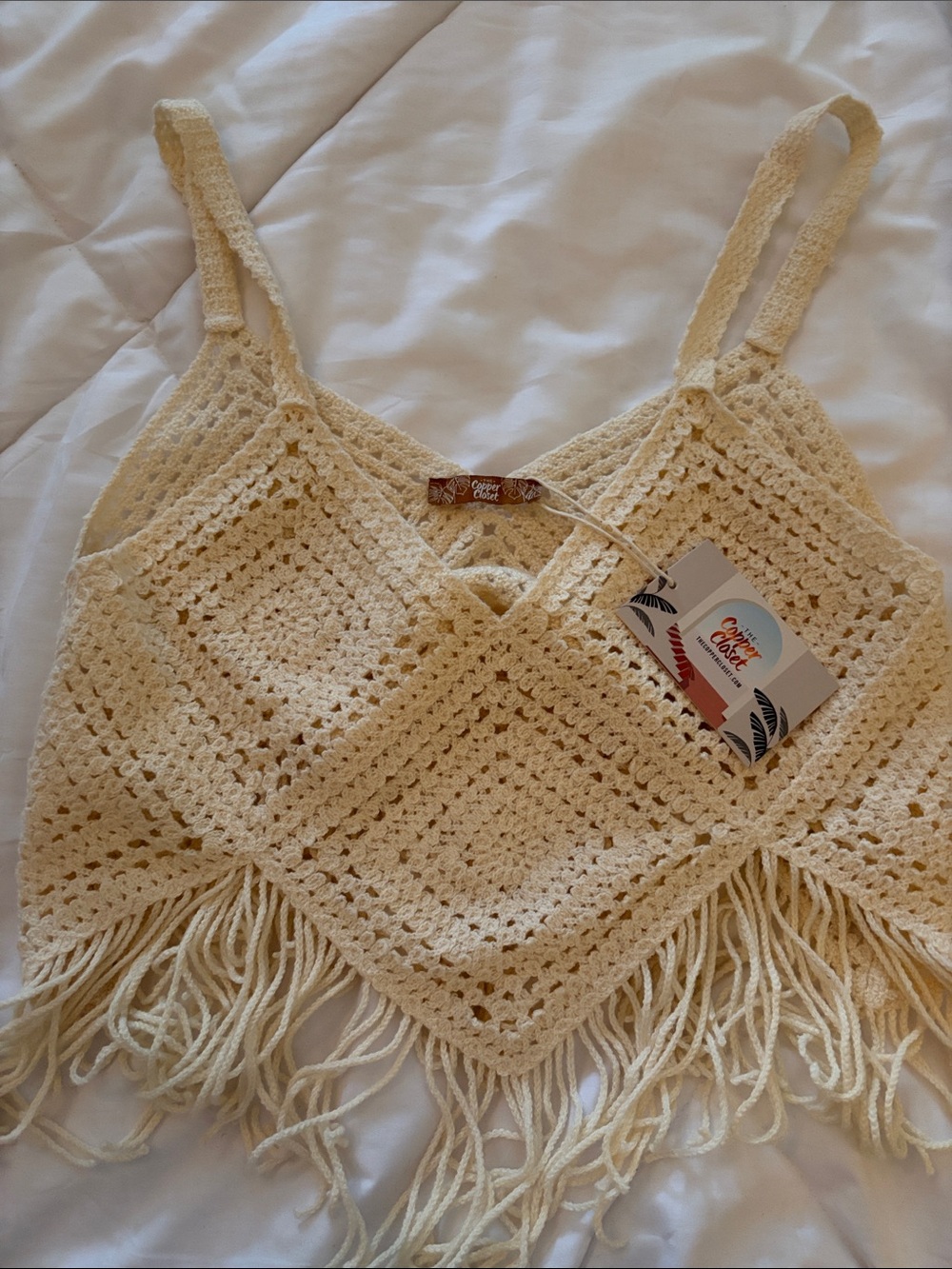 Boho Crochet Fringe Camisole Tank Top - Cream